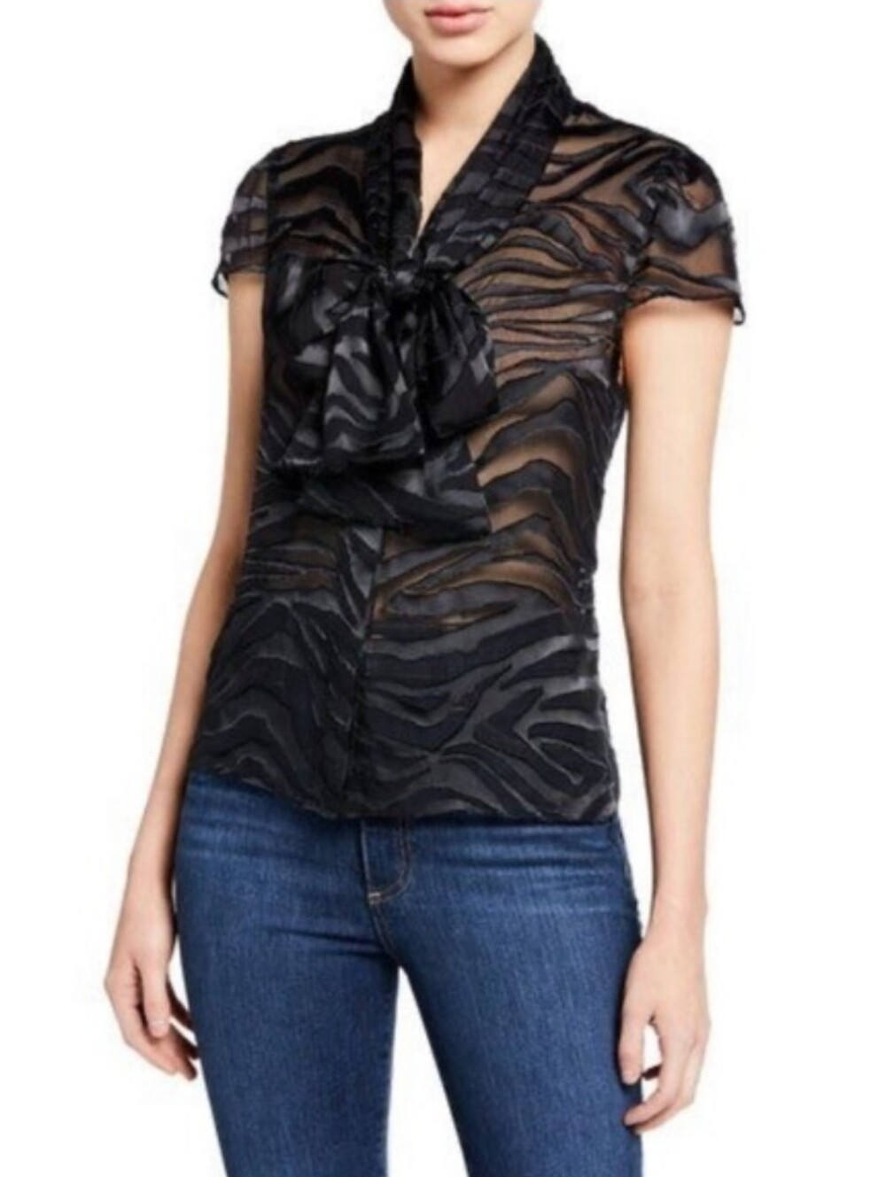 NWT. ALICE + OLIVIA Jeannie Black Silk Blouse With Tie-Neck Bow